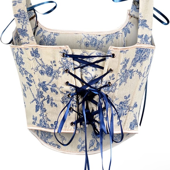 Blue Cream Floral Tapestry Corset Lace Up Top, Y2K inspired, NWT - Picture 3 of 7